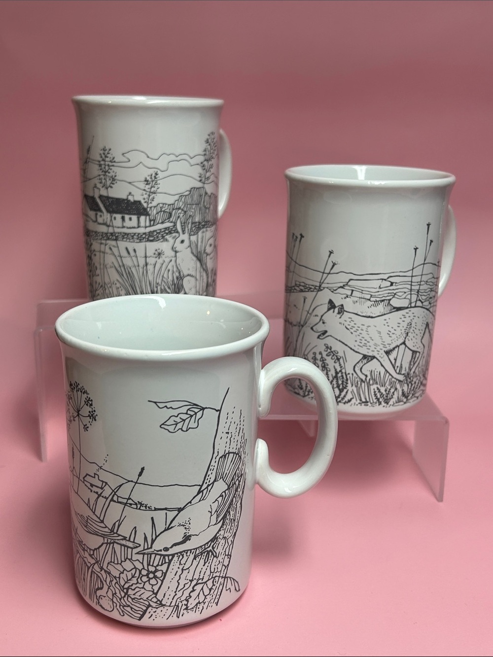 White Ceramic Mug with Black Nature Illustration - Set of 3 - Picture 2 of 7